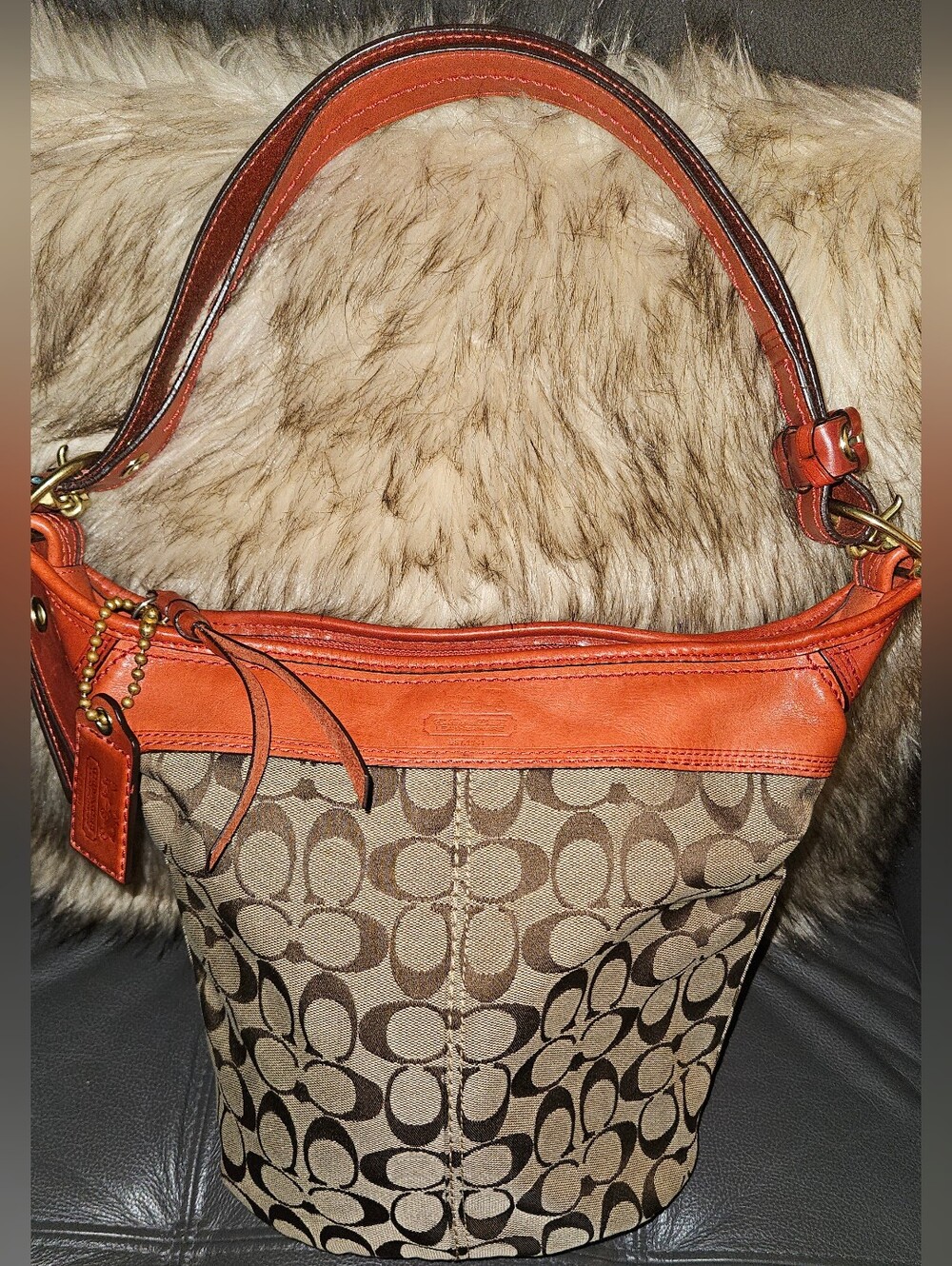 Coach Brown Signature Canvas Shoulder Bag with Orange Trim